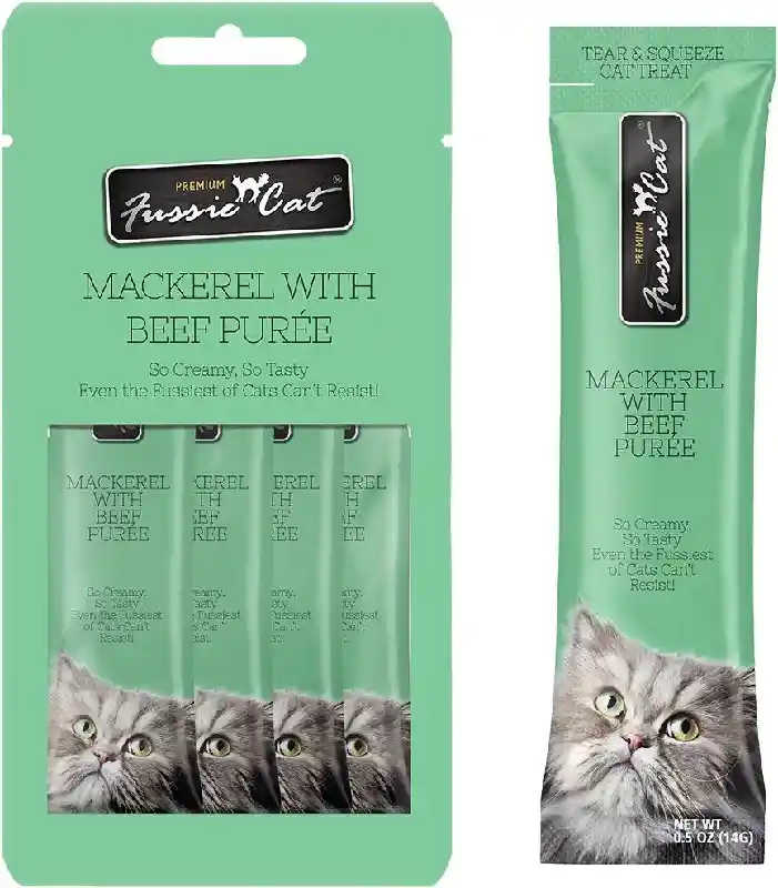 Fussie Cat Puree Treats Mackarel/ Beef 4ct